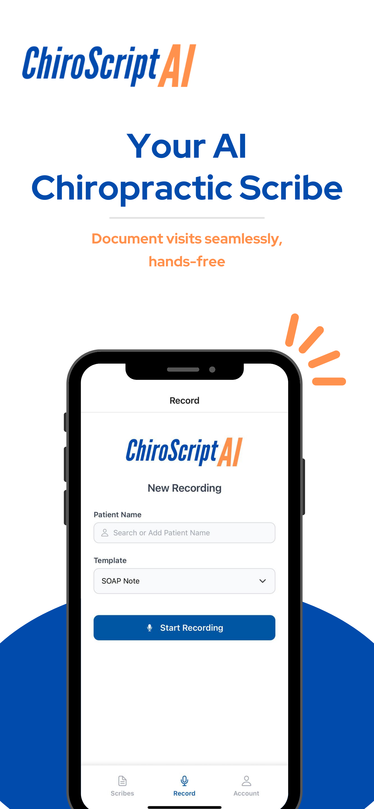 ChiroScript AI New Recording screen, ready to start recording a patient encounter